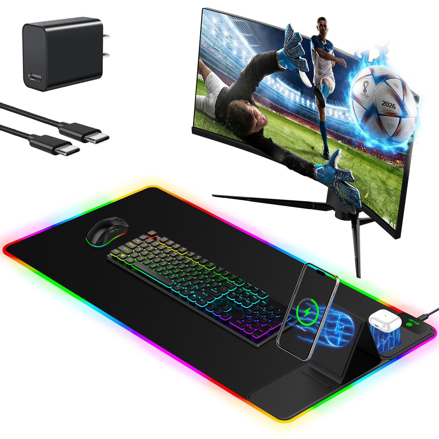Mouse Pad with Foldable Phone Holder & Wireless Charger, XXL RGB Gaming Mousepad 31.5"x15.8" Large Desk Mat for Keyboard, Black Desk Pad with Dual Qi Charging Station | 11 Colors 5 Modes | Waterproof