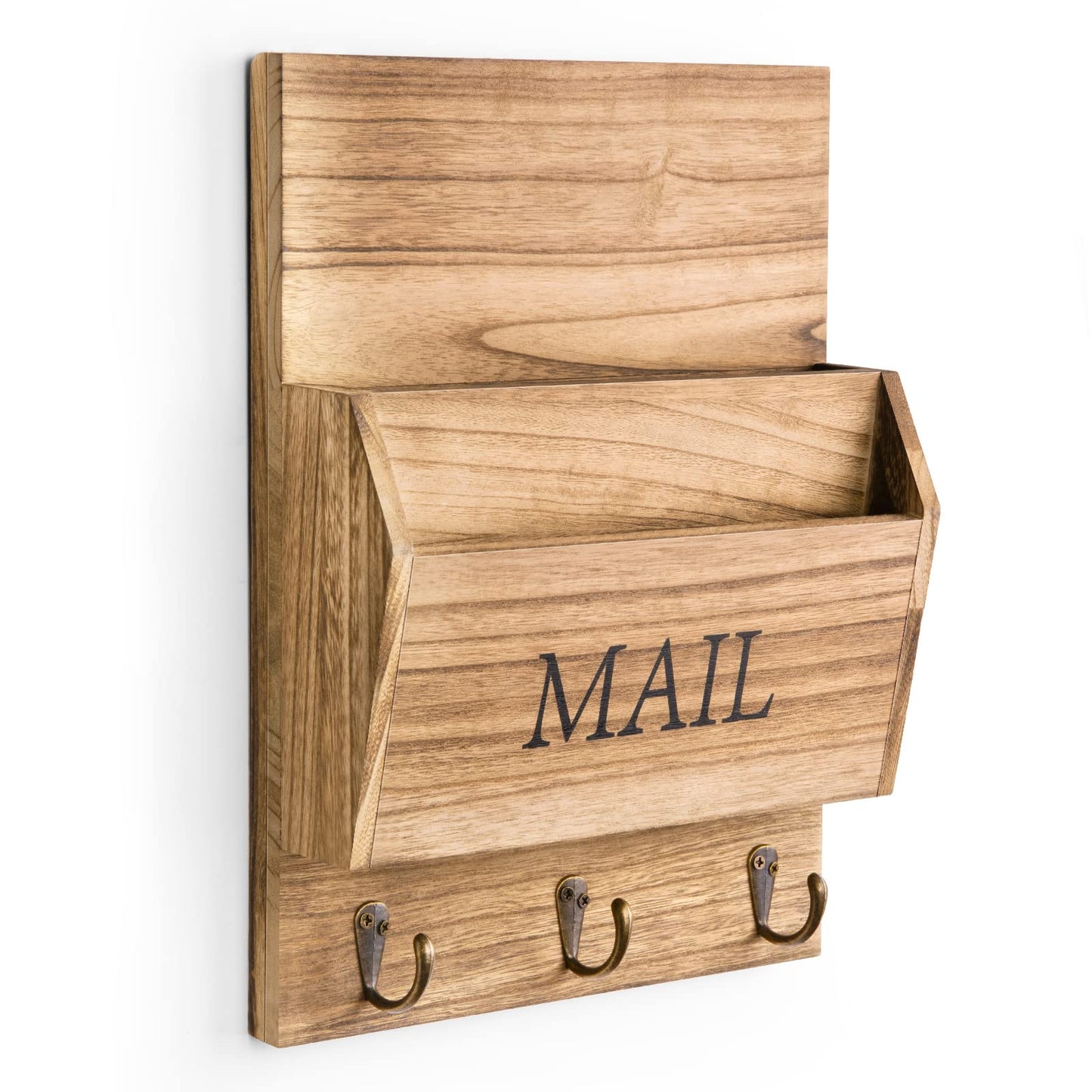 DLQuarts Mail Organizer with Key Holder for Wall Decorative Mail Sorter Wall Mounted, Wooden Mail Holder with 3 Hooks, Carbonized Brown