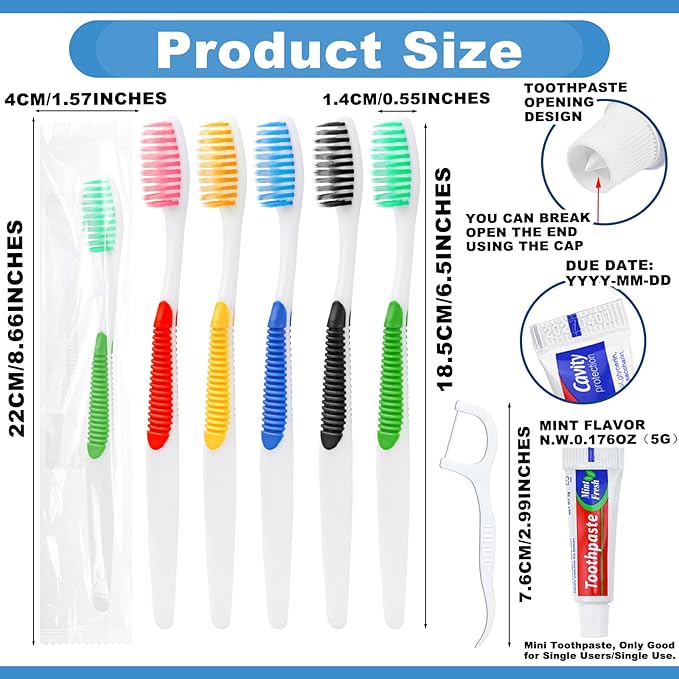 Disposable Toothbrushes with Toothpaste and Floss,200pcs Single Use Individually Wrapped Disposable Travel Toothbrushes and Dental Floss Kit Bulk for Homeless,Airbnb,Dentist,Hotel(5 Colors)