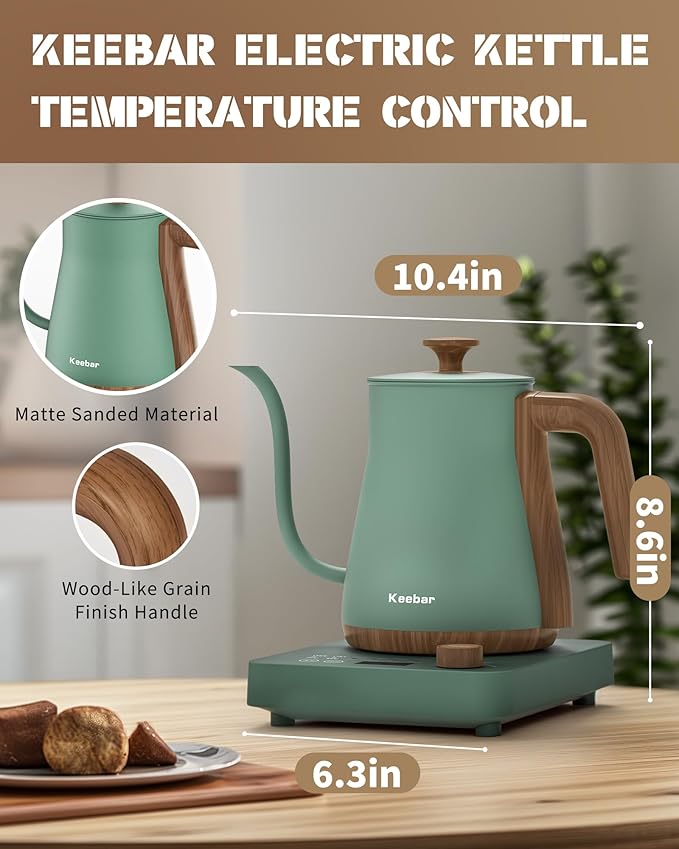 Electric Kettle, 1000W Quick Heating Gooseneck Kettles, 0.8L/27.05oz, 0.8mm Ultra-Fine Spout, Precise Water Flow Control, 304 Stainless Steel Inner, Auto Shut-Off, Boil Dry Protection, Matte Green