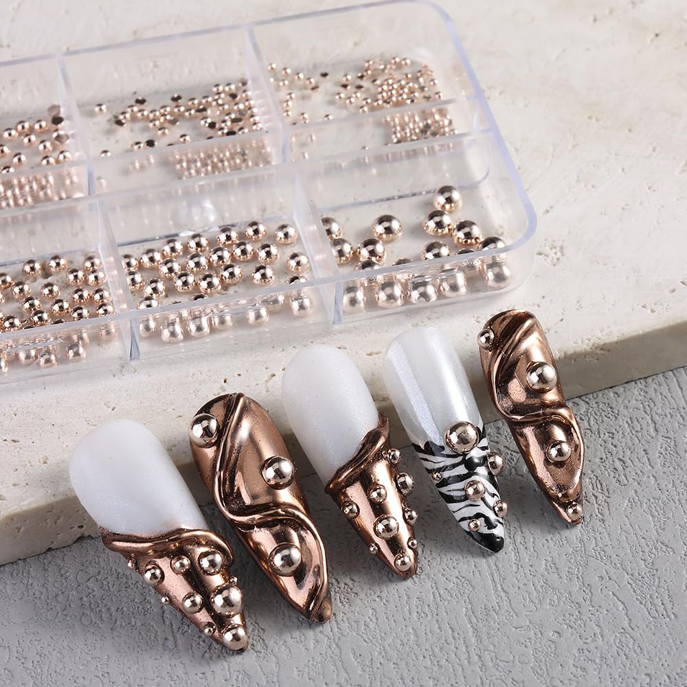 4 Boxes Mixed Sizes Flat Back Steel Beads 3D Nail Charms Kit, Gold Silver Rose Gold Black Half Round Metal Caviar Beads Balls with Pickup Tweezers Manicure DIY Crafts Decorations