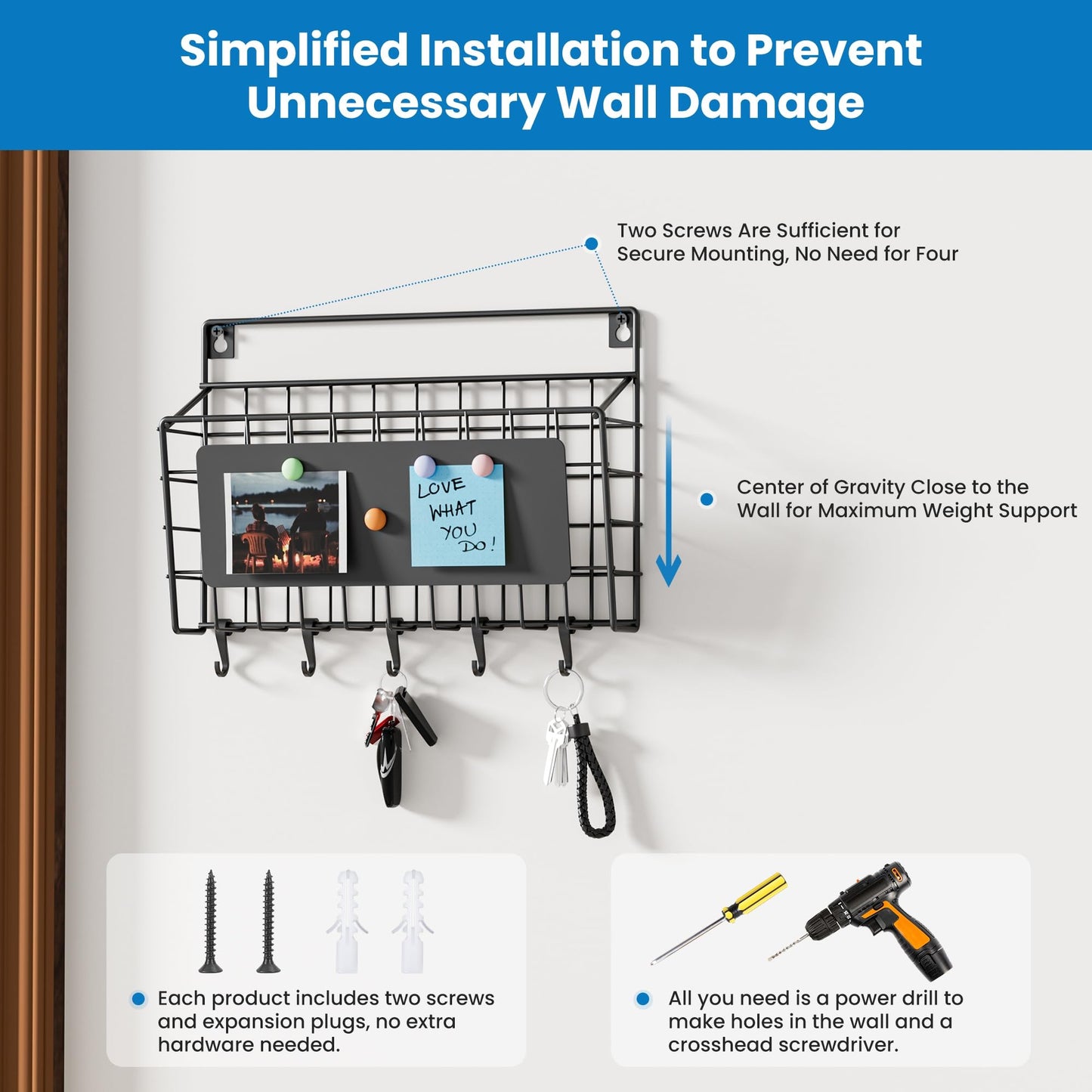 Baeymonkay Easy Assembly and Installation Iron Key Holder Wall Mount, Mail Organizer for Wall, Matte Black Finish, Extra Large Storage Space for Mail, Mail Holder Features 5 Hooks, Key Rack Hanger