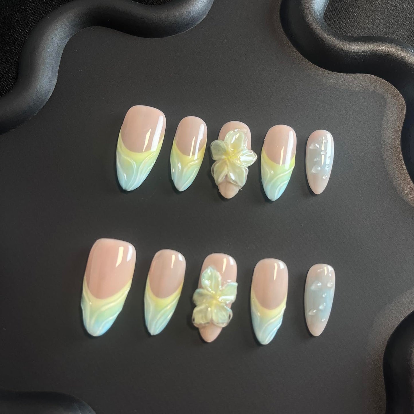 Luxury Press on Nails Medium Almond Handmade 3D Unique Reusable ABS Material Fake Nails Blue&Yellow False Nails with Designs Flower Water Drop Art Petal Glossy Glue on Thick Acrylic Nails(M)