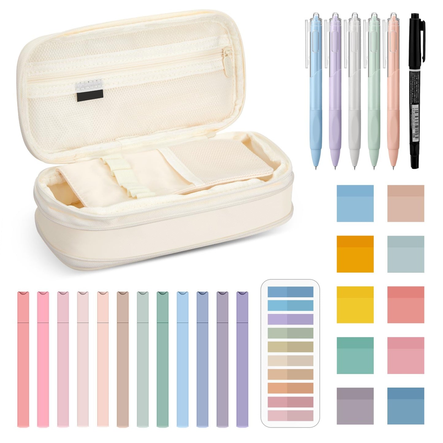Jutom 39 Pcs Aesthetic Book Annotation Kit Highlighter with Pencil Case Bag Gel Pen Transparent Sticky Note Taking Bible Study College School Supplies(Cream,Cute Style)