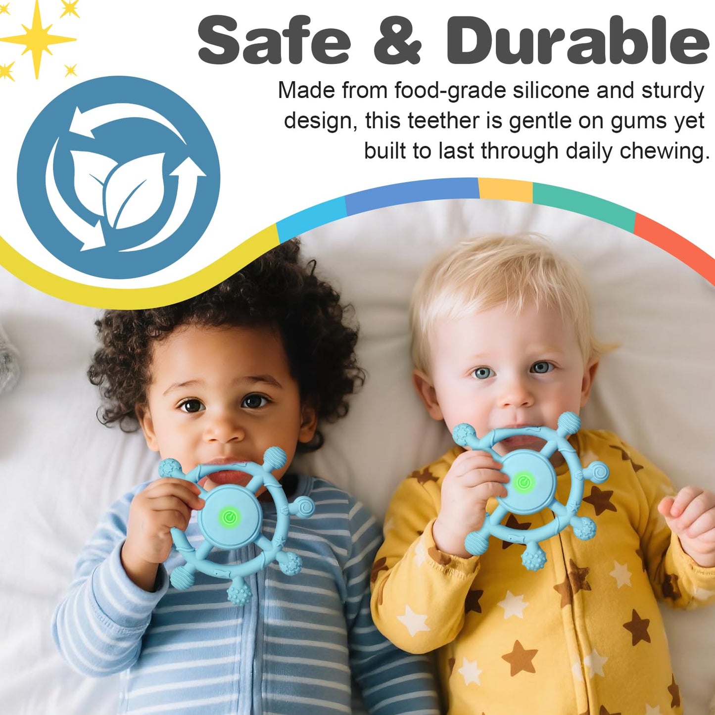 YOFUN 3-Speed Vibrating Baby Teether – Soothing Silicone Teething Toy for Infants 3M+, Food-Grade, USB Rechargeable – Soft & Safe Gum Relief for Babies (Blue)