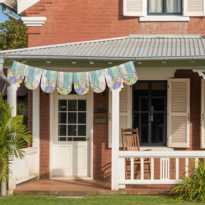 Cute Easter Bunny Banner 4Pcs Indoor Outdoor Hanging Banner Flag Eucalyptus Leaves Colorful Eggs Wooden Sign for Fireplace Mantel Decorative Bunting Garland Valance for Shop Door Decor 9.8"x15.8"