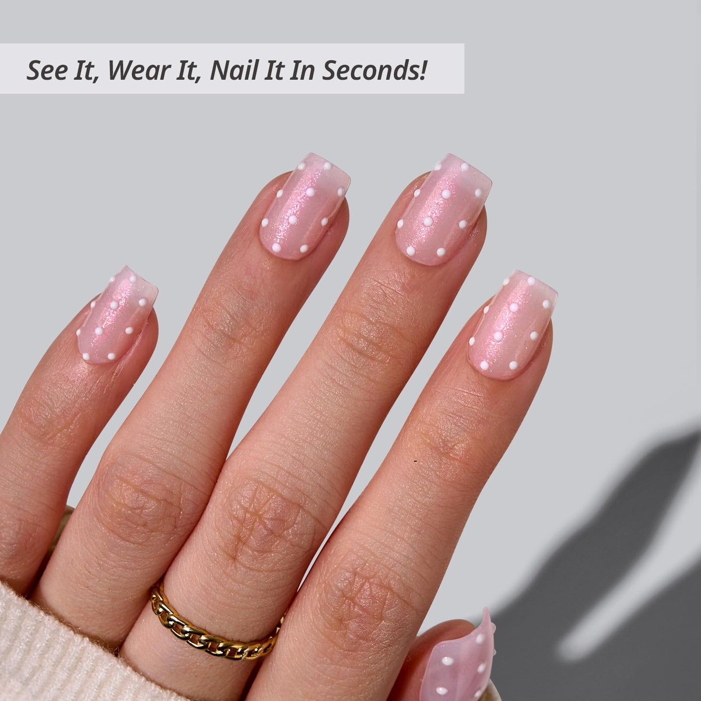 BTArtbox Press On Nails Short - Sugar Pop, Lamp-Curable Polka Dot Glitter Square Press On Nails with Glue and Adhesive Tabs for Women in 16 Sizes - 32 Soft Gel Glue On Nails Kit