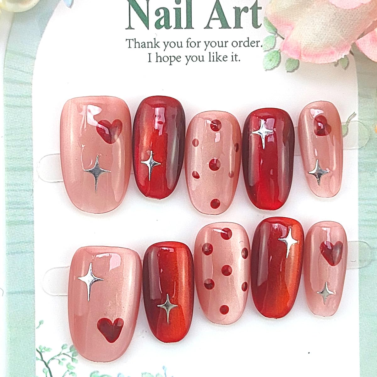 10Pcs Valentines Press on Nails Short Oval Fake Nails Cute Polka Dots Star Designs Artificial Acrylic Glue on Nail Romantic Heart False Nails Glossy Full Cover Red Stick on Nail for Women Manicure