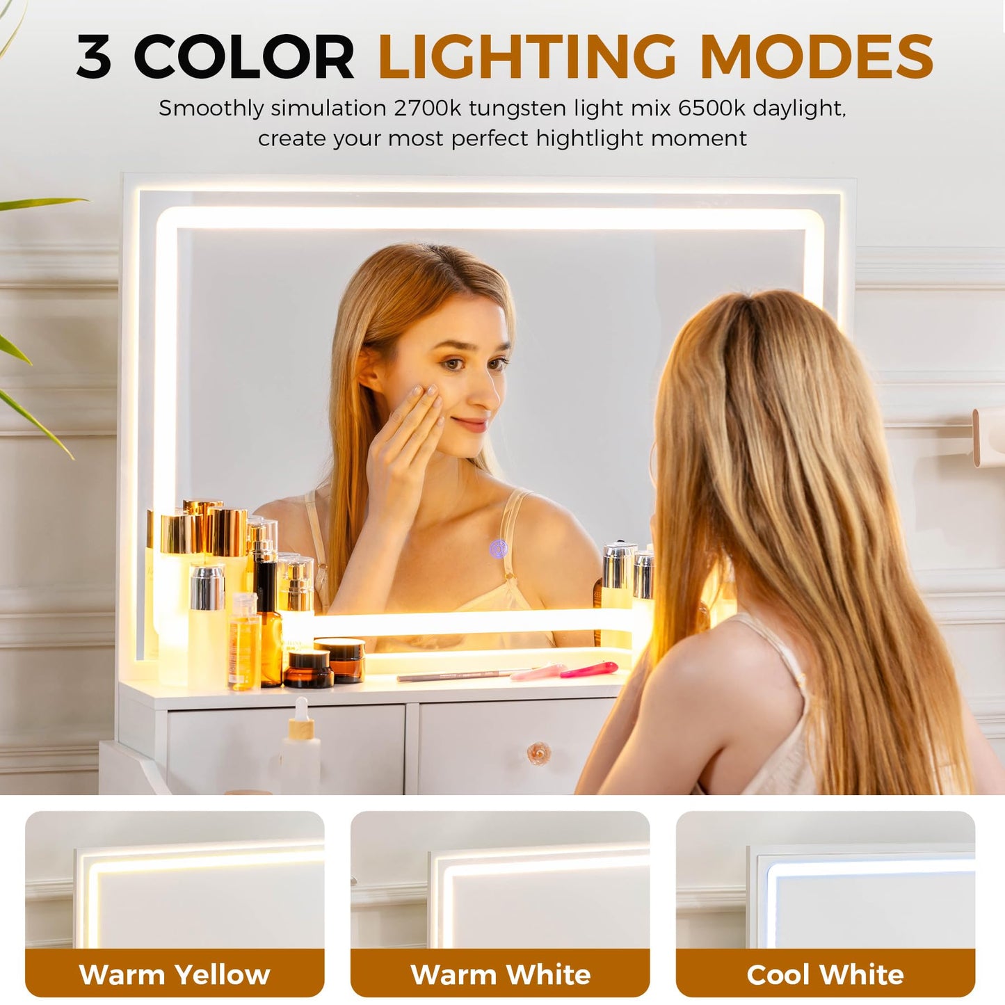 COMHOMA Makeup Vanity Desk with Mirror and Lights, Vanity Table and Chair Set with 5 Drawers and Charging Station, Bedroom Dresser LED Mirror Stepless Dimmable & 3 Color Modes Adjustable, Pearl White