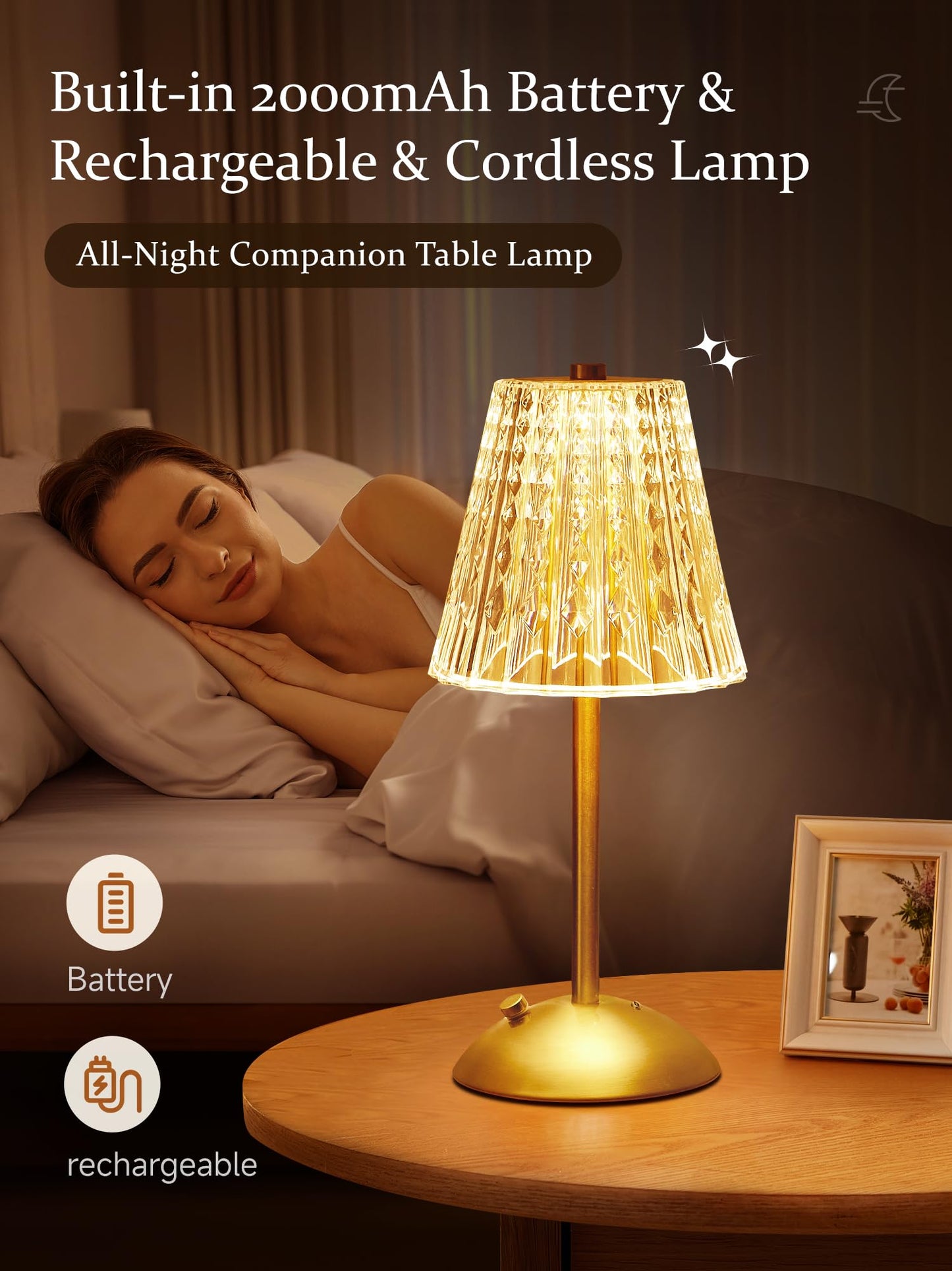 Upgraded Nightstand Lamps Set of 2, 3 Colors Dimmable Crystal Table Lamp Gold Lamp, Touch Lamp Bedroom Lamps, Rechargeable Small Lamp, Bedside Lamps Set of 2 for Bedroom Living Room Bathroom Hotel Bar