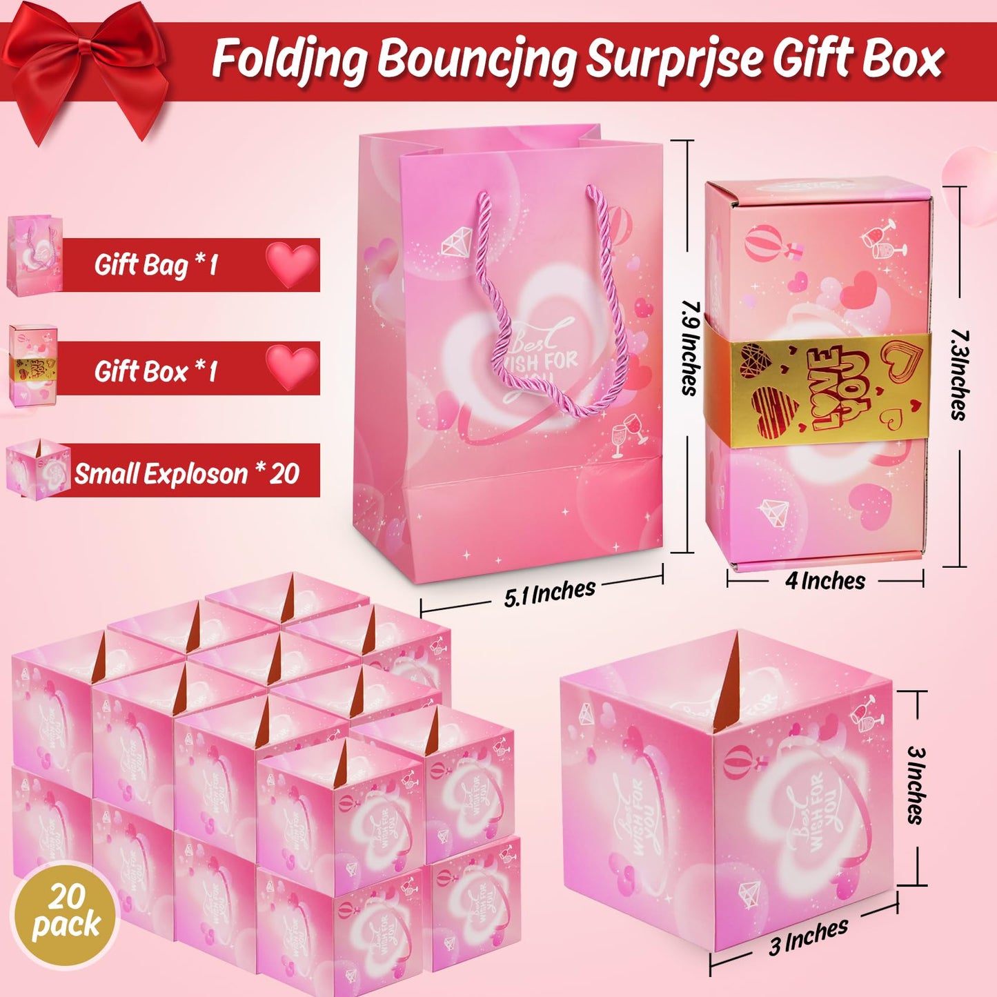 NefosLeuki Surprise Gift Box Explosion for Money,Valentines Pop-Up Explosion Gifts Box,Folding Bounce Box for Valentine's Day,Birthday,Anniversary(Pink-20 Bounces)