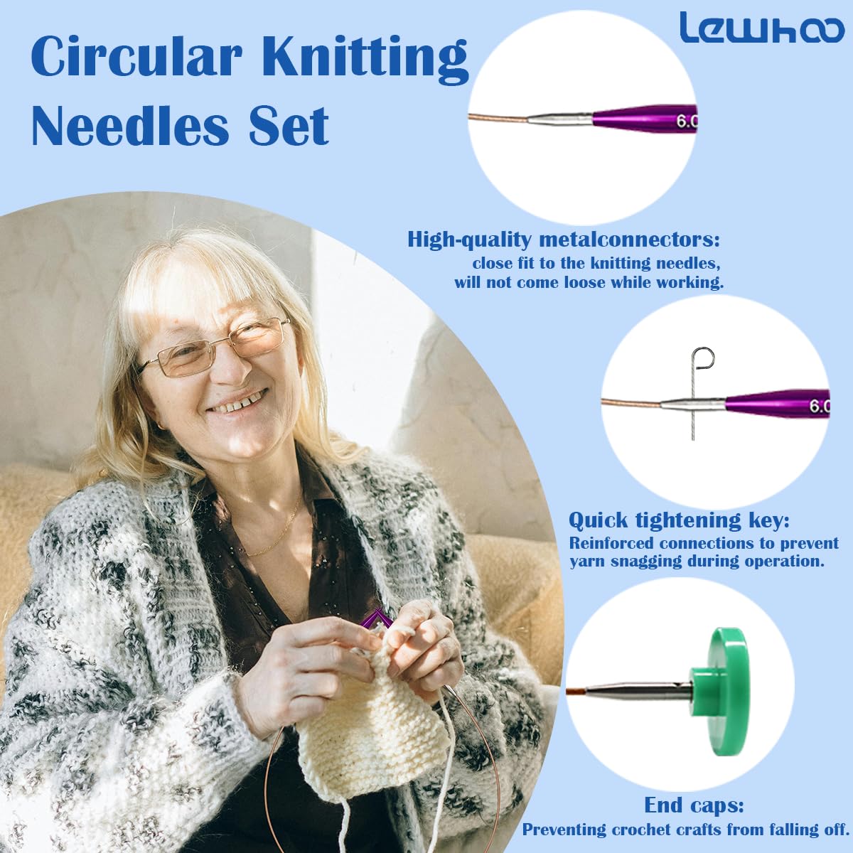 Lewhoo Circular Knitting Needles Set with 4 Cables, 9 Pair Short Aluminum Knitting Needle with Case 3.0~6.0mm Purple