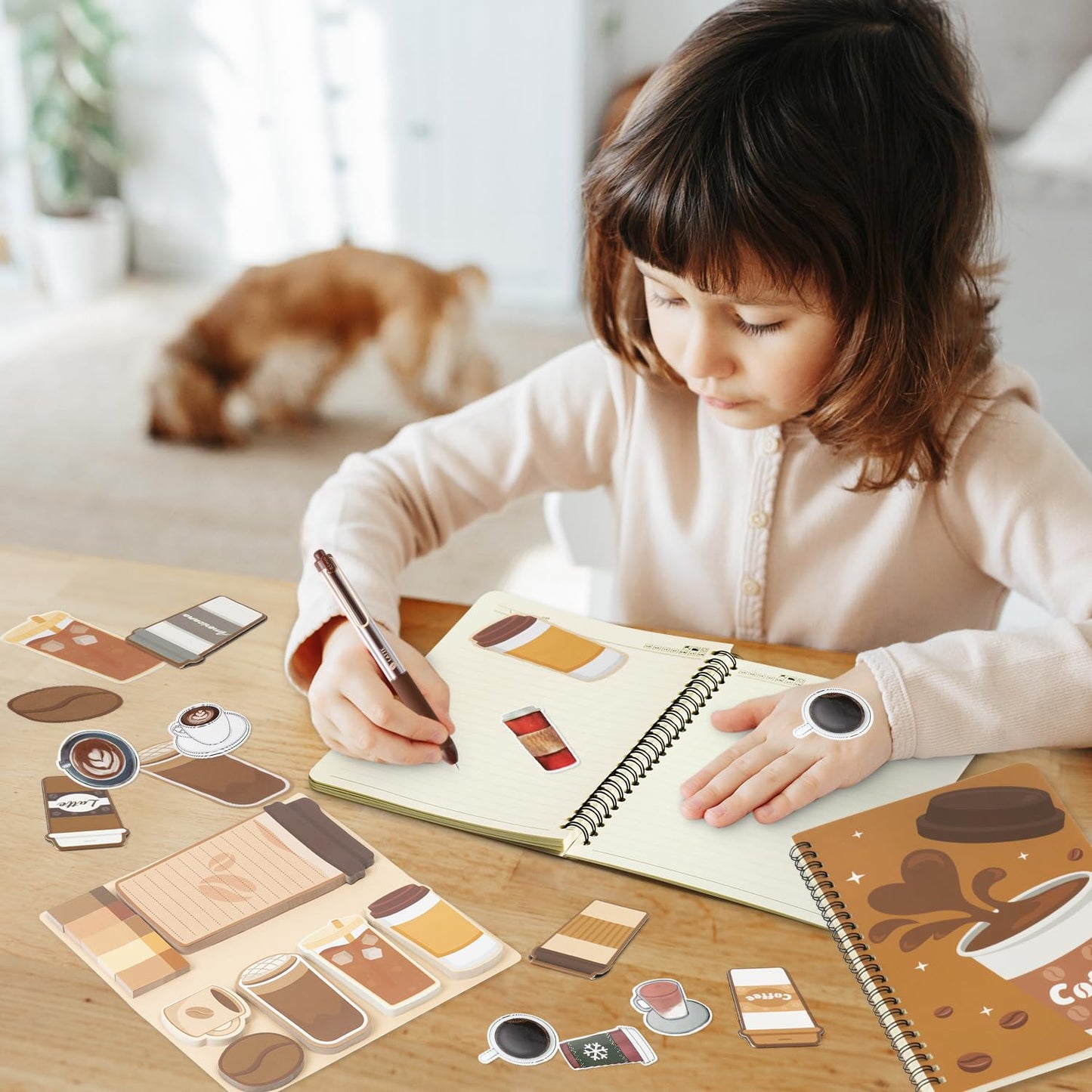 B1ykin Notebook Sticky Notes Stationery Set, 5Pcs A5 Spiral Notebooks with Sticky Notes Neutral Pen Stickers Magnet Bookmarks for Office School Students Birthday Supplies Gift (Coffee)