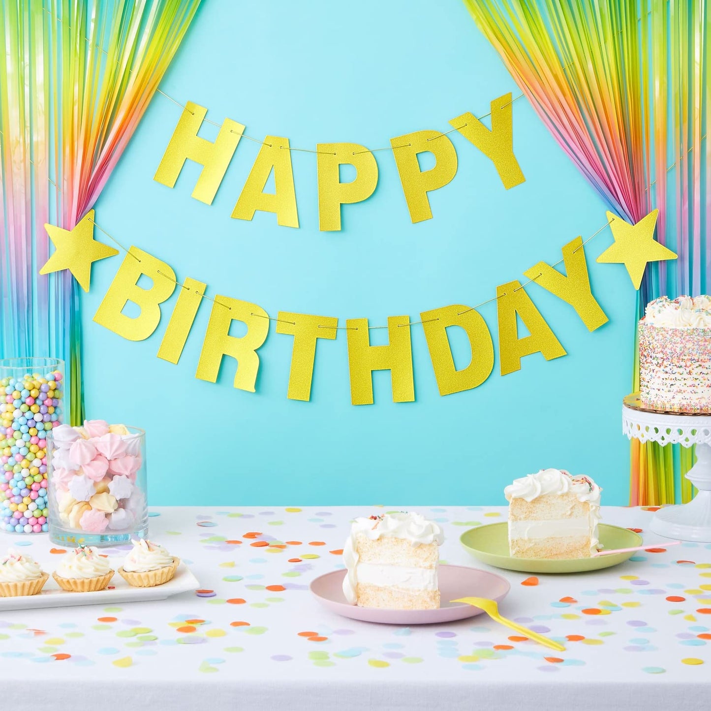 Make Your Own Banner Kit - 130-Piece, Gold Glitter, 5-Inch Characters - DIY Banner Kit with Glitter String Letters for Birthday & Wedding Party Decor