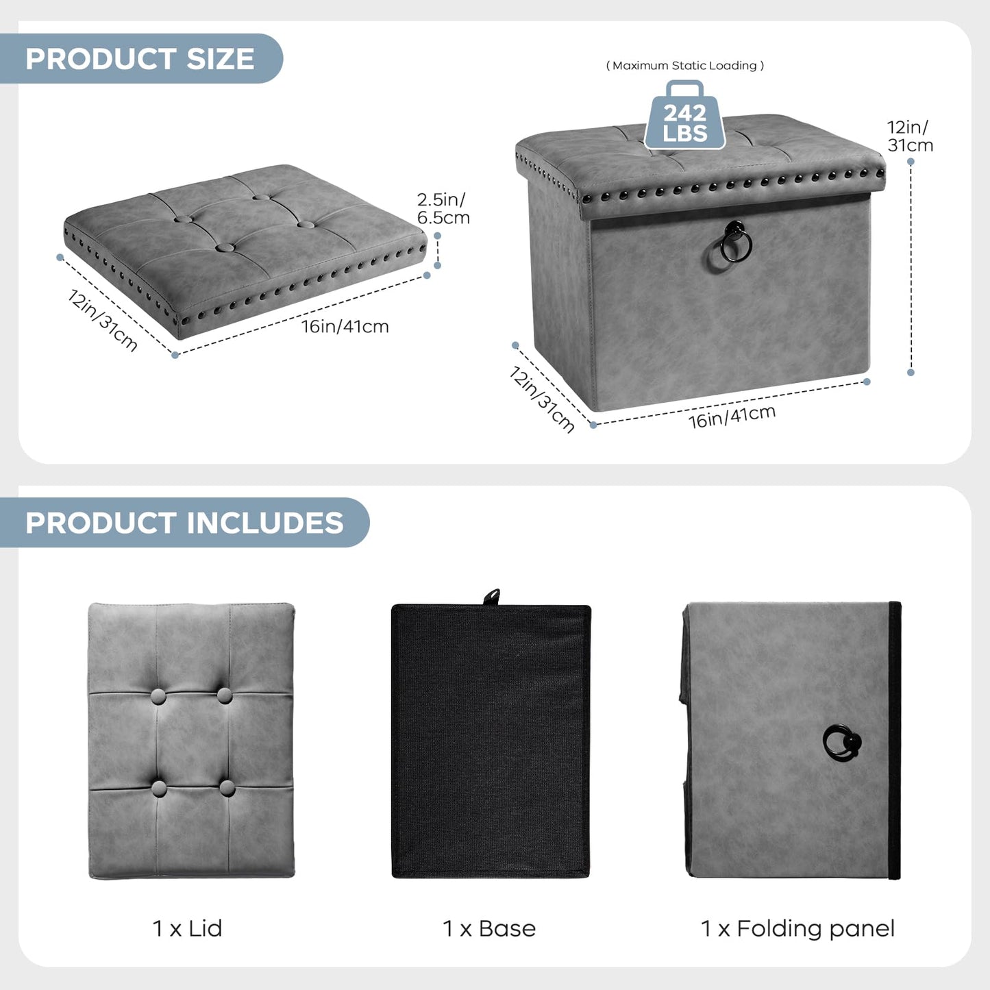 oakvivo Storage Ottoman Cube 16x12x12 inches, Small Faux Leather Tuffed Foot Rest Stool with Rivet Design, Foldable Ottomans Footstool, Box Chest for Bedroom, Entryway, Load 242 lb, Grey