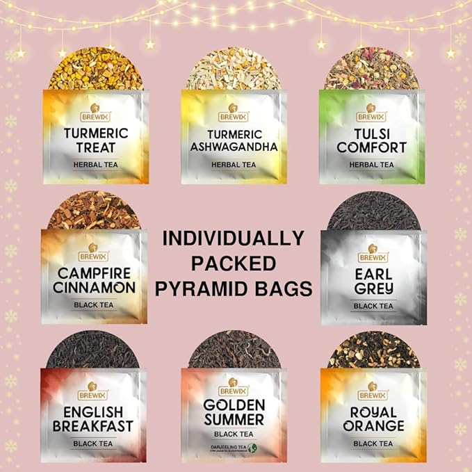 BREWIX, 2025 Advent Calendar Tea Bags | 24 Delightful Black & Green Tea Infusions in Pyramid Tea Bags - Holiday Gift Box | Christmas Gift Idea for Tea Lovers, Countdown Set | Holiday Variety Sampler for Tea Lovers