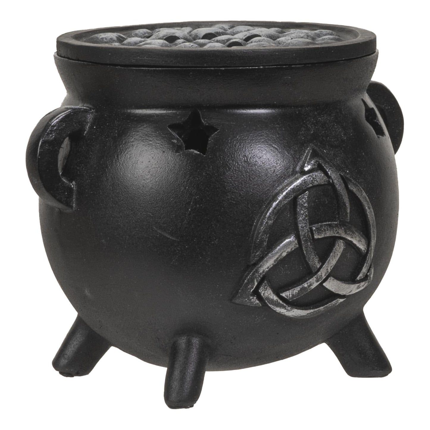Pacific Giftware Black Celtic Triquetra Symbol Cast Iron Cauldron Incense Cone Burner Decorative Wiccan Pot with Lid Polyresin Home Decor 3.14" H