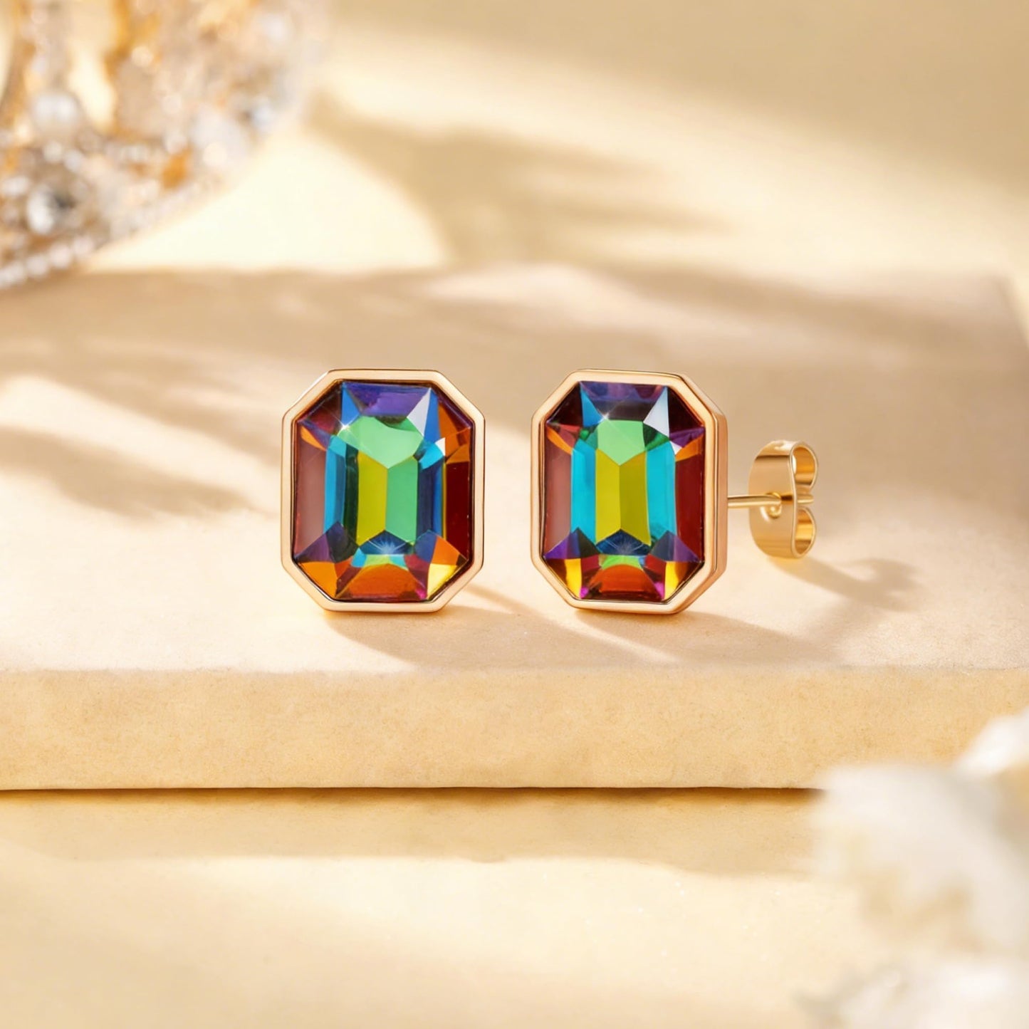 Austrian Crystal Octagon Stud Earrings for Women Fashion 925 Sterling Silver Post Hypoallergenic Jewelry (Vitrail Medium)