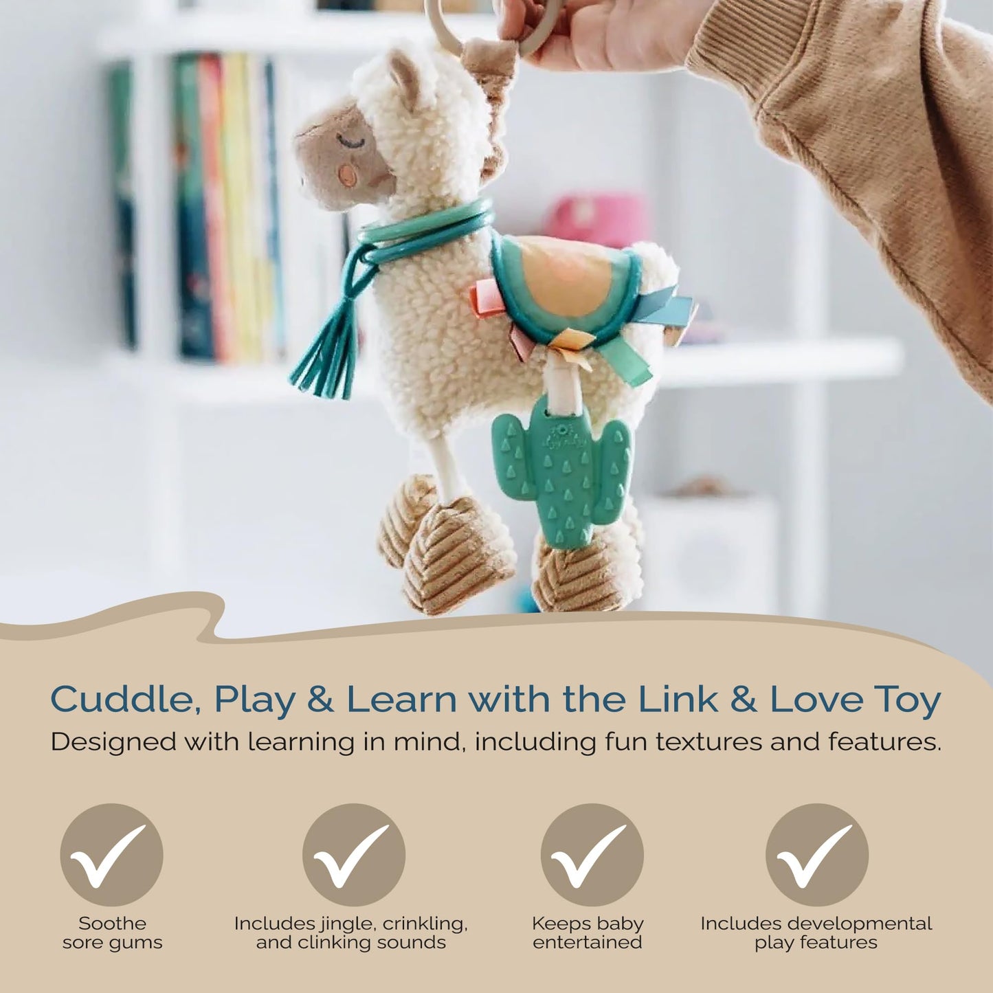 Itzy Ritzy Link & Love Toy for Stroller or Car Seat – Features Textured Ribbons, Crinkle Sounds, Clinking Rings & Silicone Teether – Designed For Ages 0 Months and Up (Llama)