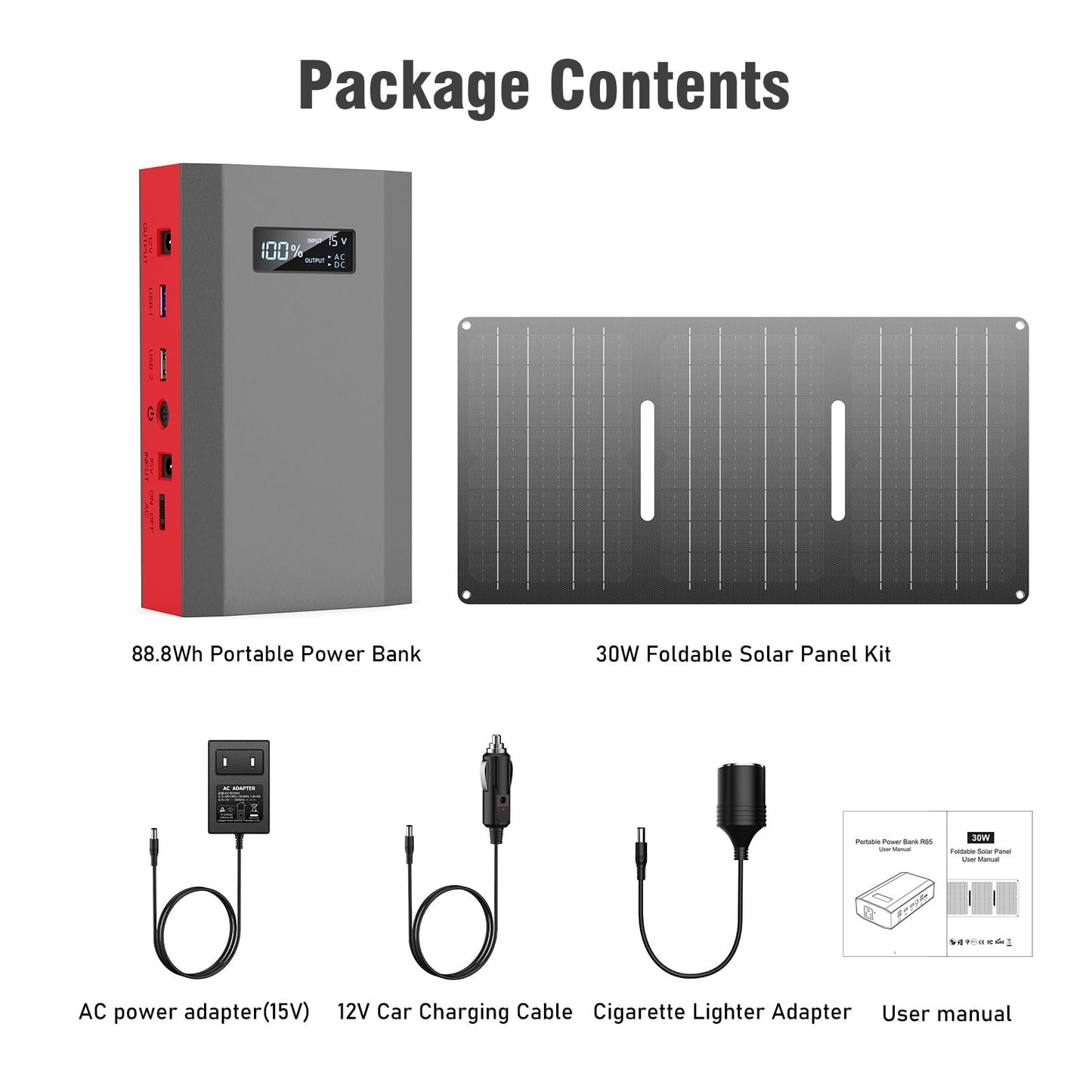 Portable Solar Power Bank with AC Outlet 65W 110V External Battery Pack, 24000mAh Portable Laptop Charger with Foldable Solar Panel 30W for Outdoor Smart Device Camping Hiking Trip Off Grid Backup
