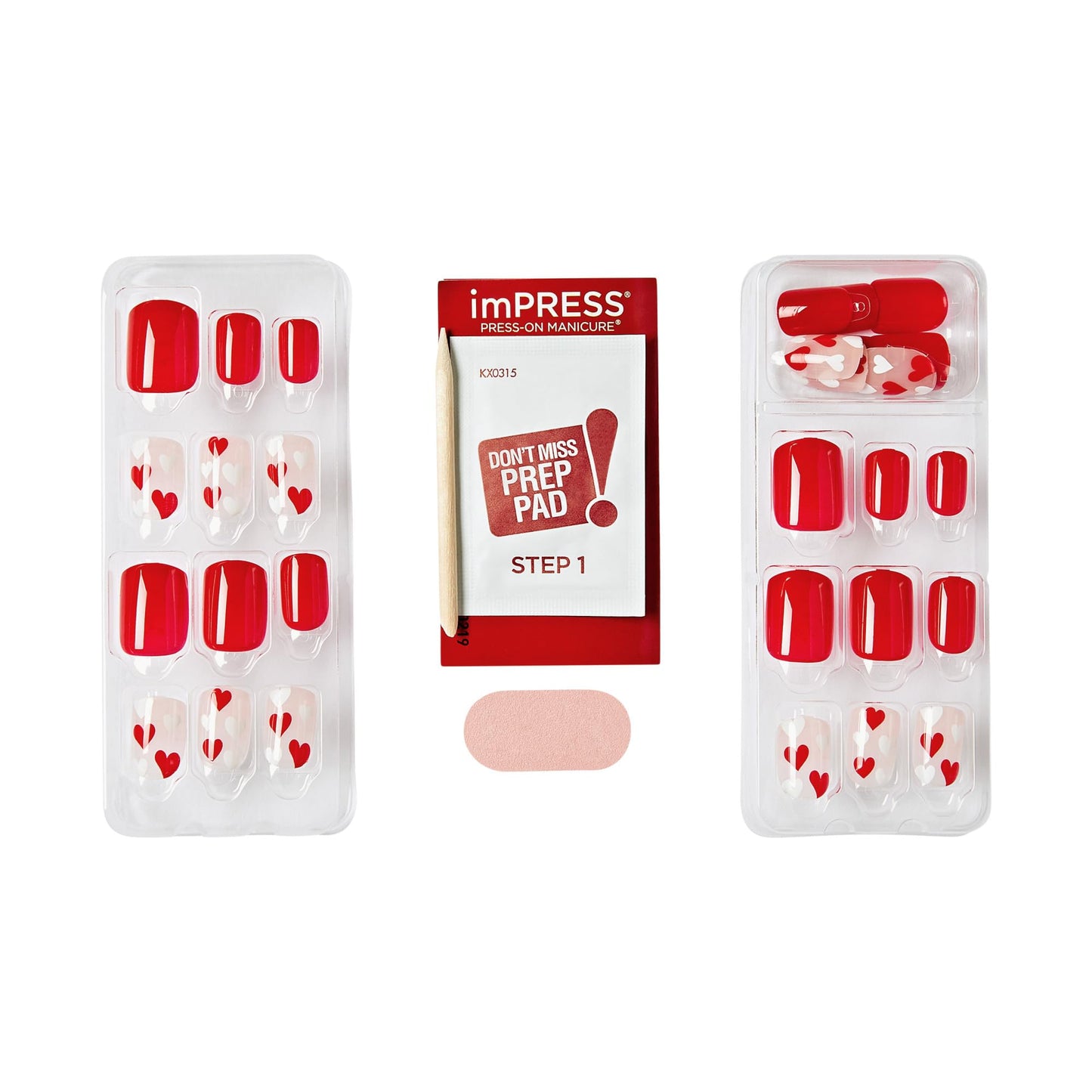 KISS imPRESS Valentine’s Day Press On Nails, ‘Full Heart’, Red, Short Squoval, No Glue Needed, Up to 10-Day Superior Hold, Includes 30 Fake Nails, Prep Pad, Mini Nail File & Manicure Stick