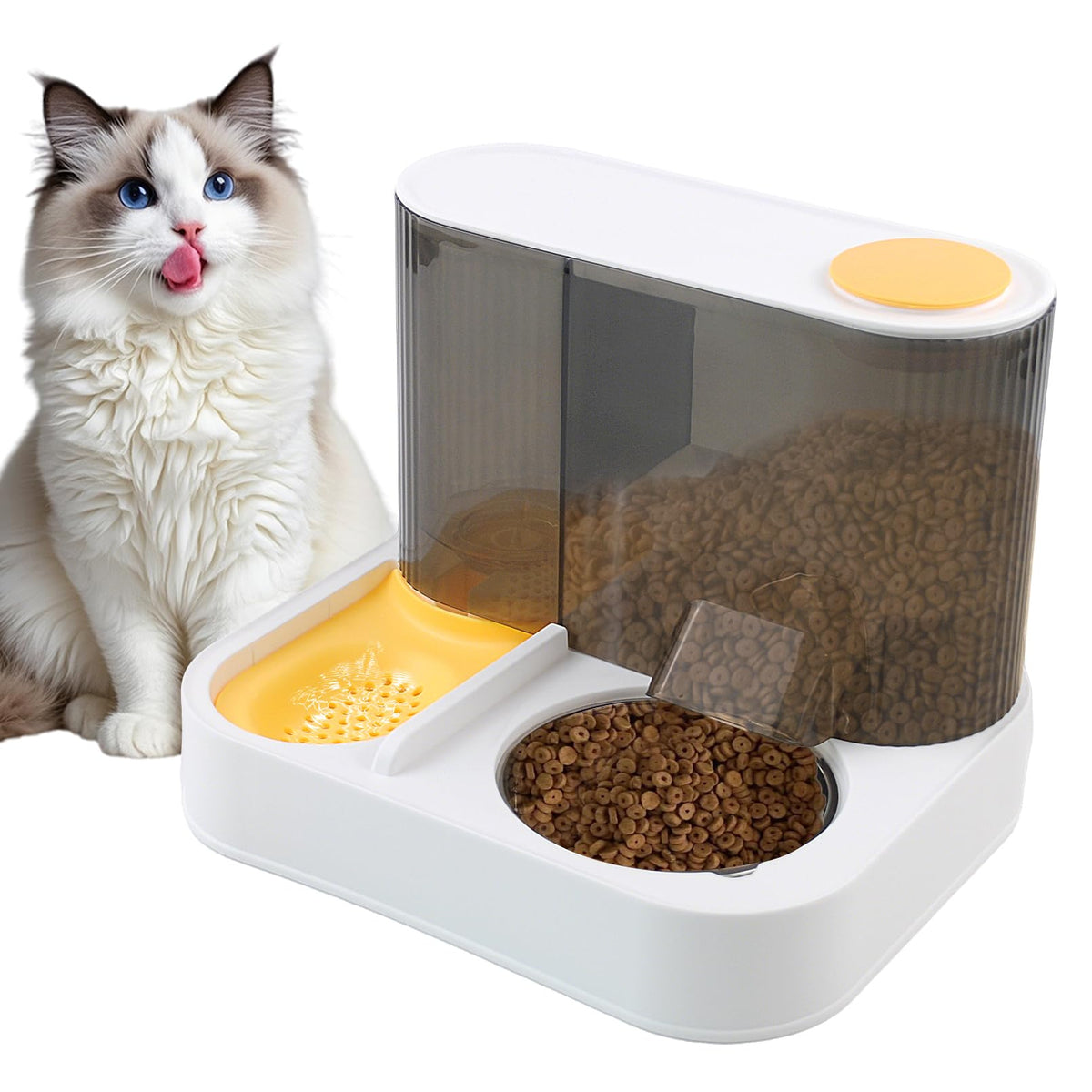 MUYG 2 in 1 Automatic Cat Feeder and Water Dispenser Combo,All-in-One Dog Food and Water Dispenser Set with Stainless Steel Food Bowl Detachable Gravity Feeder for Cat Kitten Small Dog(Yellow)