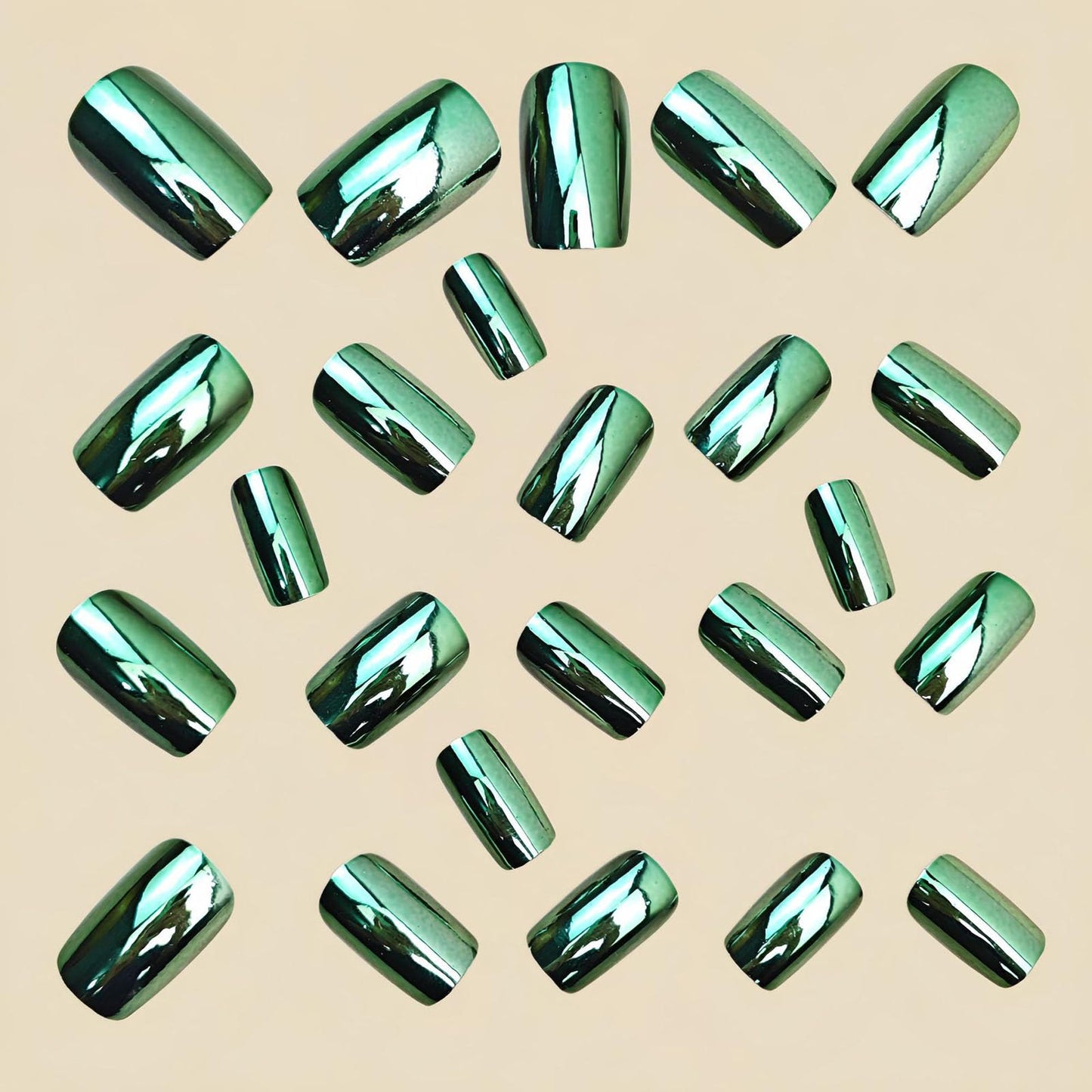 RUOKEXIN Medium Length Press on Nails Square Fake Nails Green Chrome False Nails Full Cover Nail Press ons Sparkly Artificial Nails for Women 24Pcs