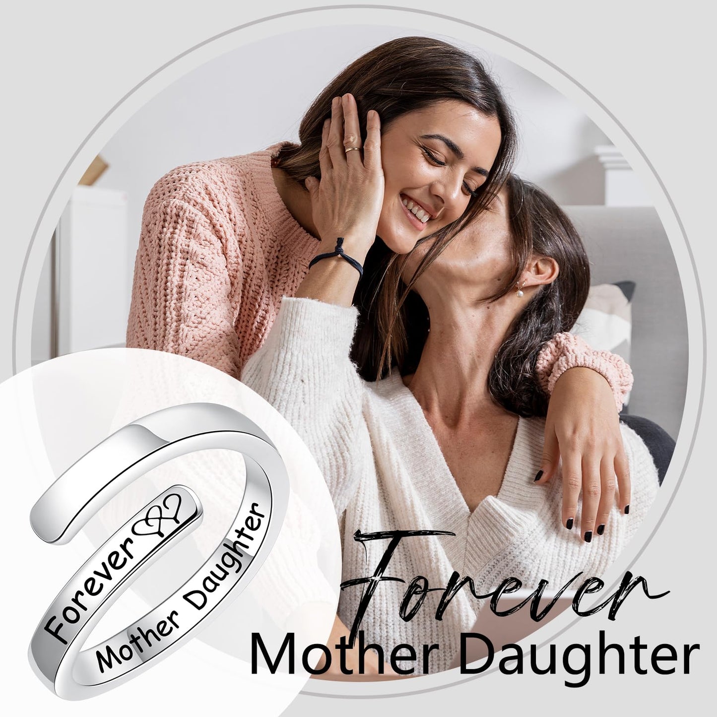 Silver Adjustable Ring Inspirational Jewelry S925 Sterling Wrap Open Ring for Women(Mother Daughter Forever)