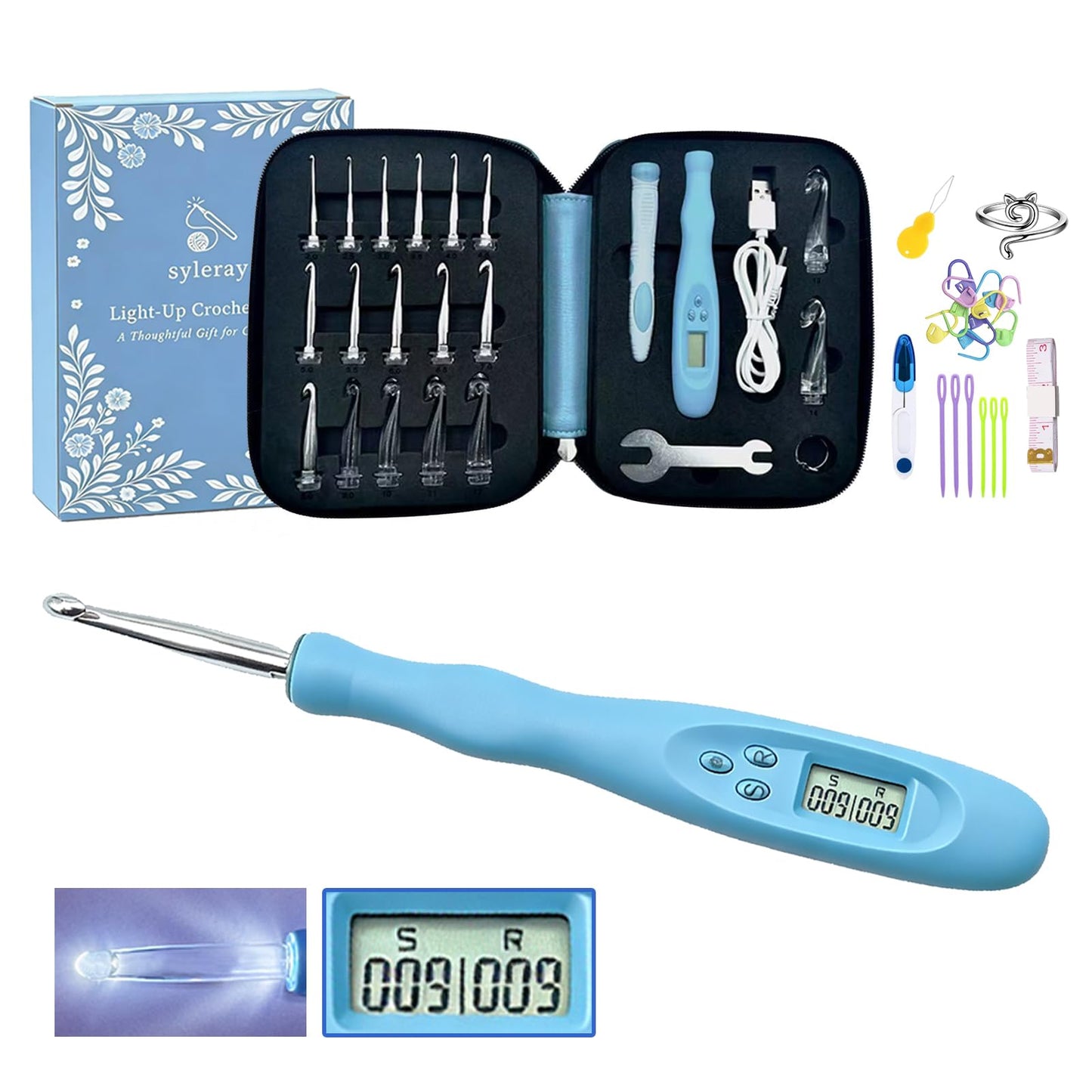 Light Up Crochet Hooks Set with Digital Stitch/Row Counter,18 Interchangeable Hooks (2.0–14.0 mm), Ergonomic Comfort Grip,Dual Light Modes with a Storage Case – A Perfect Gift for Crocheters