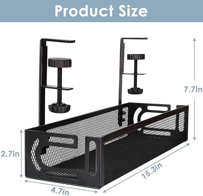 Under Desk Cable Management Tray, Cable Management Under Desk No Drill, Wire Management Tray with Clamp, Cord Organizer for Home Office, Black