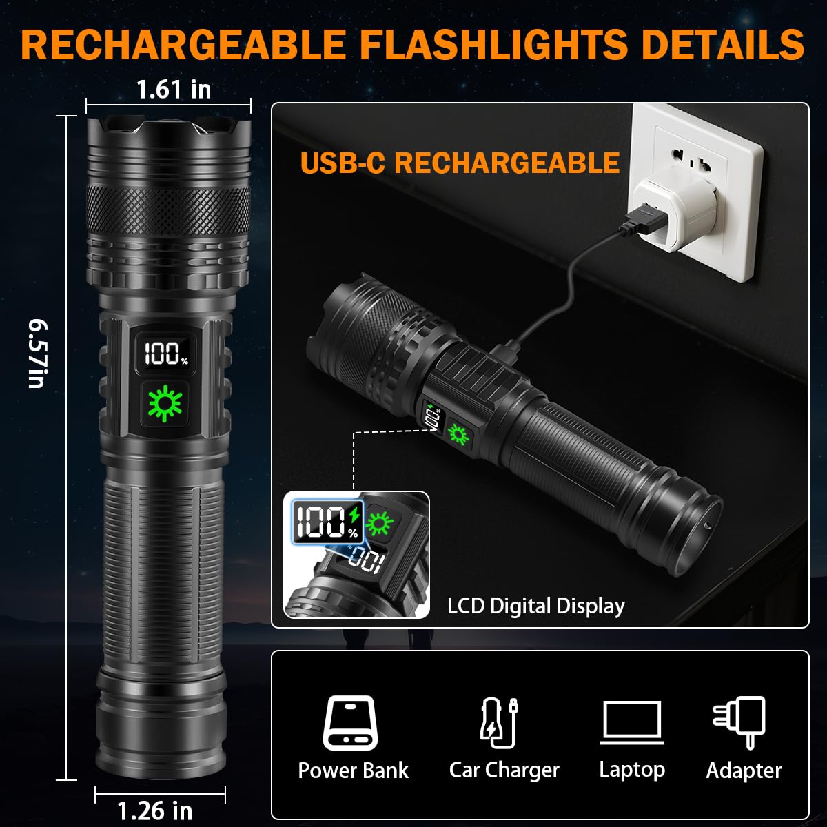 3Pack Rechargeable Flashlights High Lumens 9900FL, LED Flashlight Rechargeable with LCD Digital Display, 5Modes Adjustable Flash Light, Super Bright Flashlight Powerful, Tactical Flashlights for Home