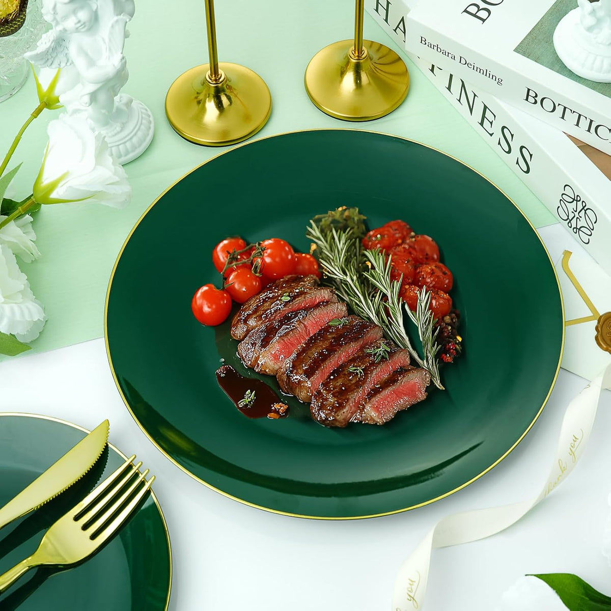 175 Pieces Green Gold Plastic Dinnerware Set, Gold Disposable Plates for Party, Include 50 Green Plates with 75 Plastic Cutlery, 25 Napkins and 25 Cups