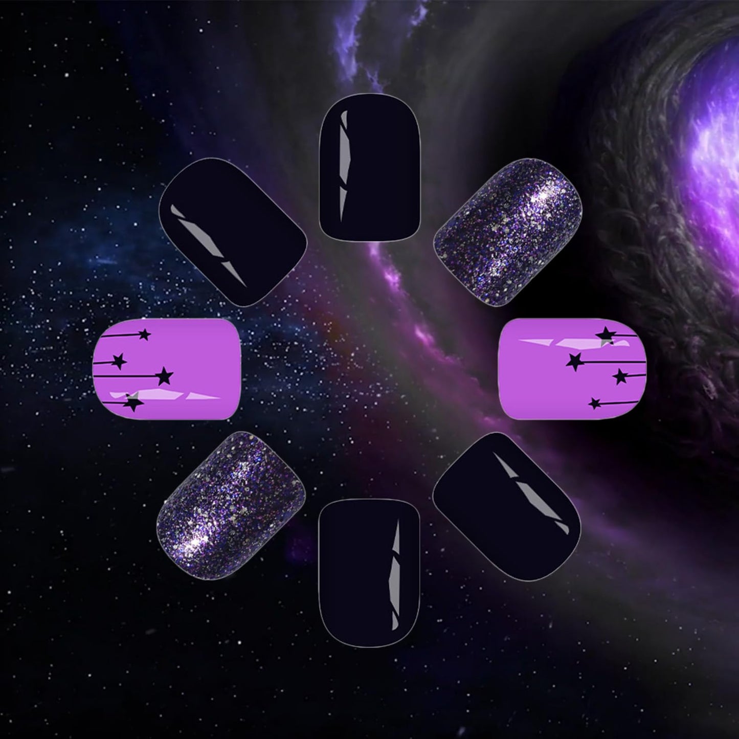 24 Pcs Stars Press on Nails HZJXRT Short Square Fake Nails Glossy Purple Glitter Acrylic False Nail Starry Sky Stick on Nail Clean Glue on Artificial Fingernails for Coquette Women Gift