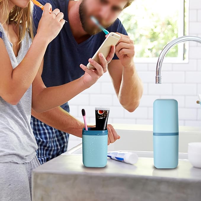 Huakaile 2 Pack Plastic Travel Toothbrush Holder, Portable Toothbrush Cup with Cover, Toothbrush Case Box Toothpaste Container for Storage Organizer Bathroom Camping (Dark Green, Blue)