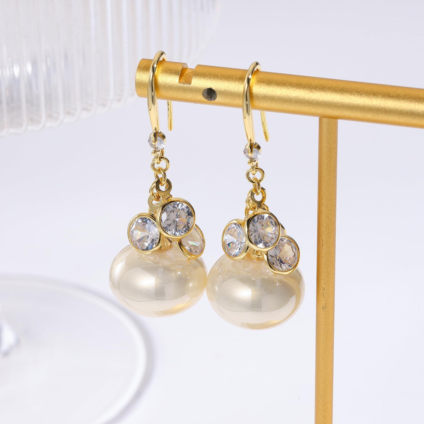 WASAIE 14k Gold Plated Brass Ball Bead Pearl Drop Dangle Hook Earring for Women, CZ Cubic Zirconia Trendy Statement Elegant Jewelry Earrings for Prom Wedding Brides