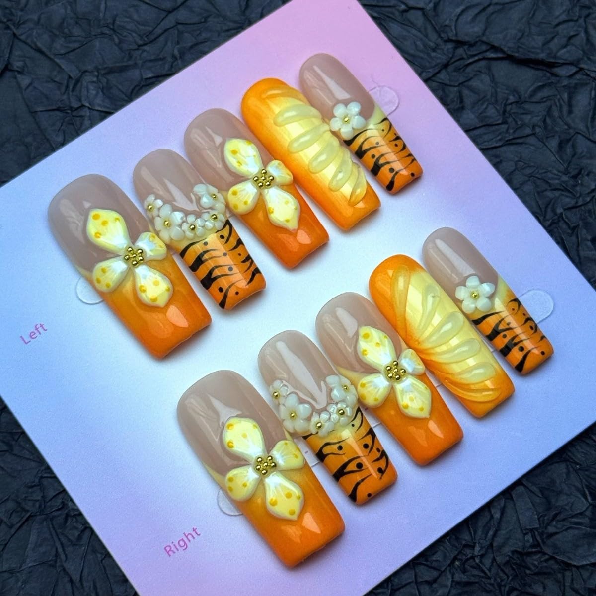100% 5D Handmade Press on Nails Long Square Nails Press ons Ombre Leopard Orange French Tips False Nails Yellow Flower Waterdrop Press on Nails for Women Girls Daily Wear DIY Manicure Size L