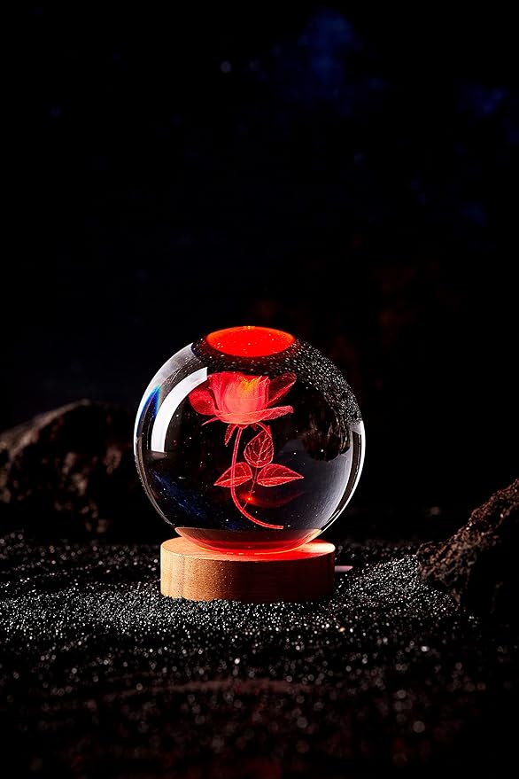 3D Rose Crystal Ball Lamp,3.15 inch Crystal Ball Night Light with Wooden Base,16 Colors Changing Light,Dimmable Remote Control,Rose Flower Desk lamp (G)