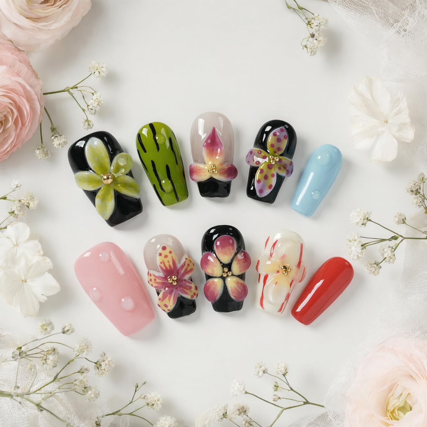 Tesytto Dopamine Tropical Press-On Nails Short Coffin, 3D Floral French Tip Glossy Fake Nails Nail Art for Summer Beach (Tropical Floral Shadow,S)