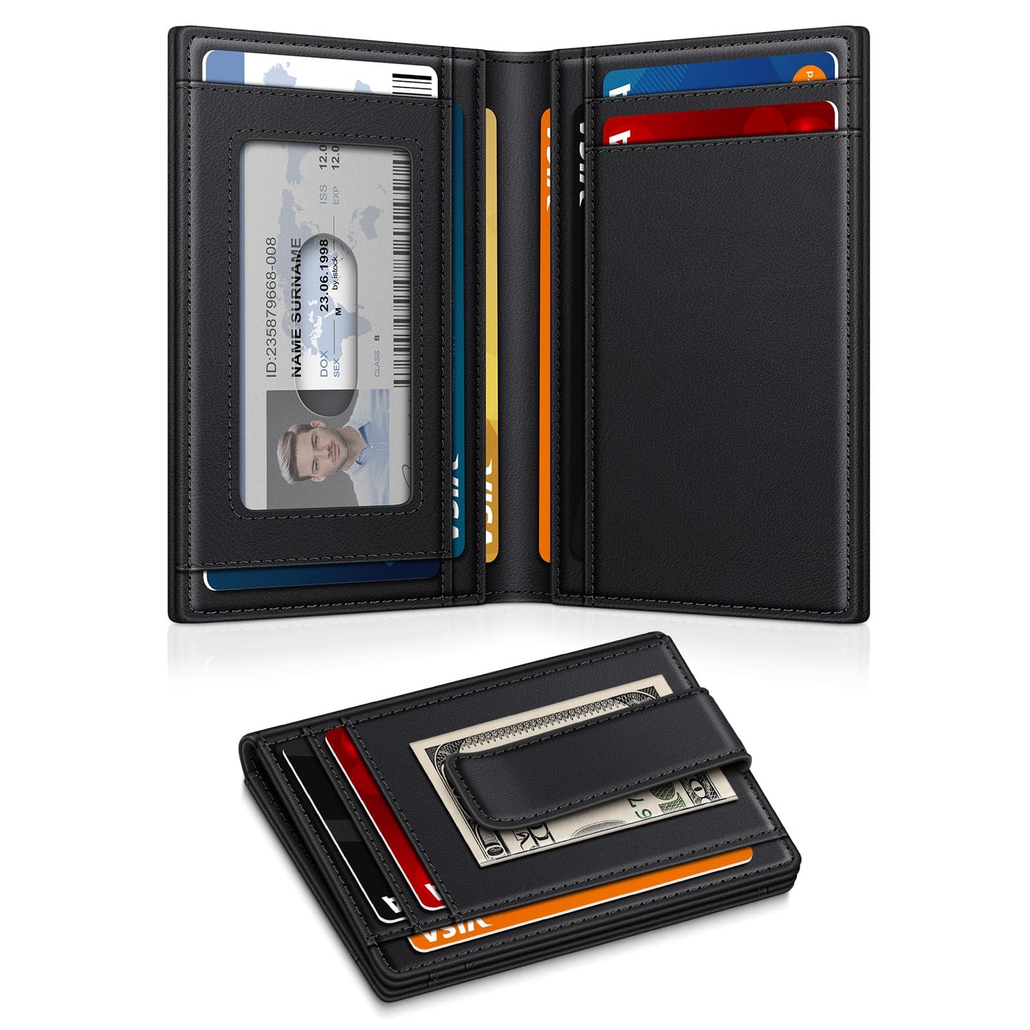 Wallet for Men 14-16 Cards, Minimalist Men Leather Wallet, Men's Front Pocket Bifold Wallets with Money Clip, Slim Thin Card Holder RFID Blocking Bill Folder & Magnetic Closure, Gifts for Men, Black