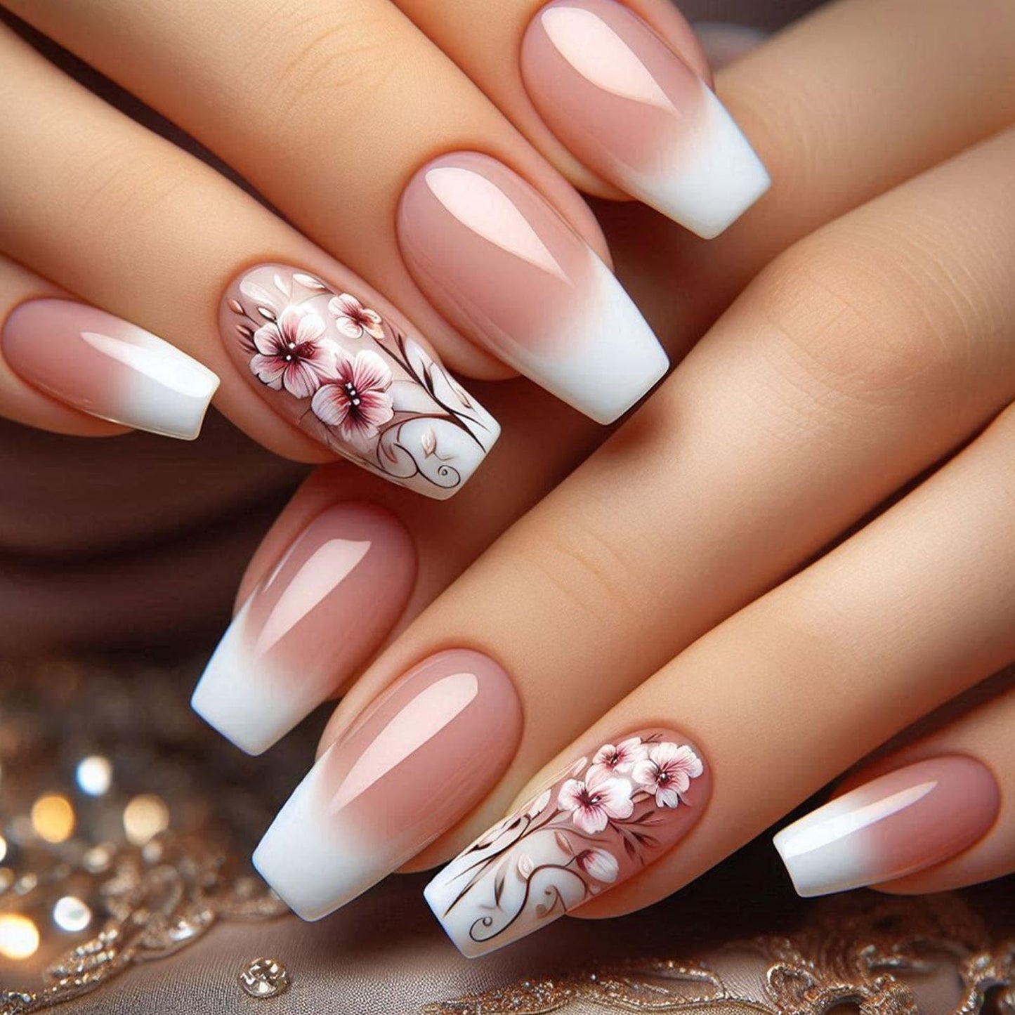 Ombre Press on Nails Medium Fake Nails with Flower Designs Gradient Acrylic Nails Press ons Glossy False Nails Pink Ombre Coffin Glue Stick on Nails for Women 24 Pcs