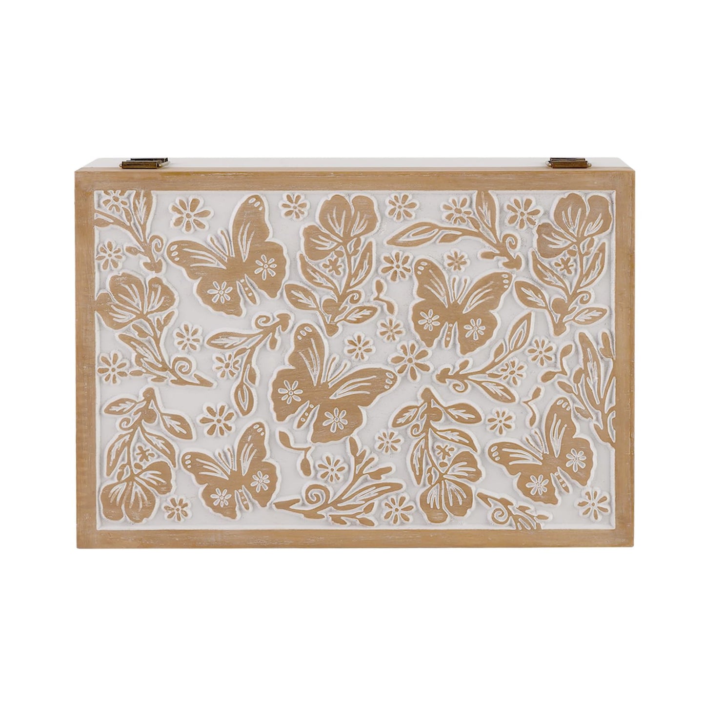 Synovana Wooden Keepsake Box - Decorative Wood Boxes with Hinged Lid, Butterfly Engraved Design, 10.24" W