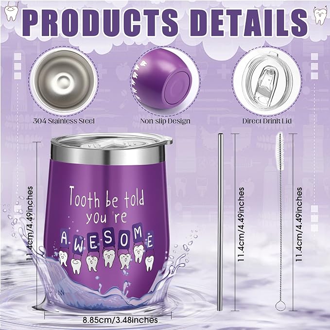 Sliner 3 Pcs Christmas Dental Assistant Gifts Positive Dentist Dental Hygienist Gifts Accessories Inspirational 12oz Tumbler Tote Bag Funny Teeth Stress Toy for Women Students Nurses Doctors(Purple)