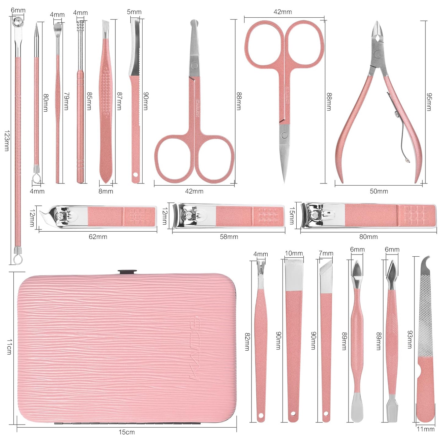 KADS Manicure Set 18 in 1 Professional Pedicure Set Nail scissors Grooming Clipper Kit with Leather Travel Case Pink