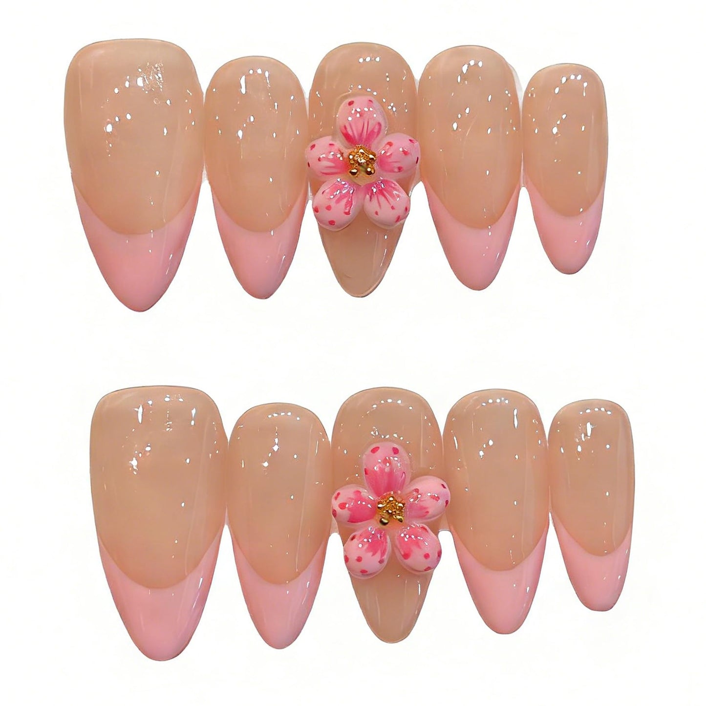 Handmade Press On Nails Medium Almond Pink And Delicate Carved Ppeach Blossoms Reusable Wedding Prom And Festival Gift Handmade Acrylic Press On Nails Aacrylic Nail (M)