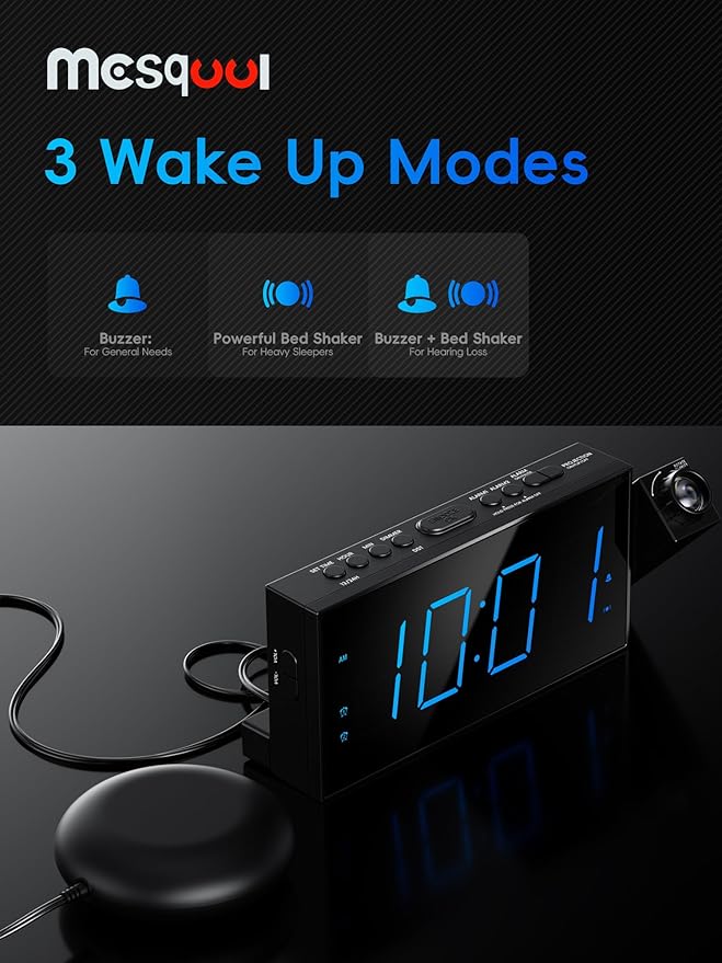 Mesqool Projection Alarm Clock with Loud Bed Shaker, Dual Alarms | 5-level Dimmer, USB charger, Snooze & DST, Loud Vibrating Alarm with Battery Backup, Perfect for Heavy Sleepers