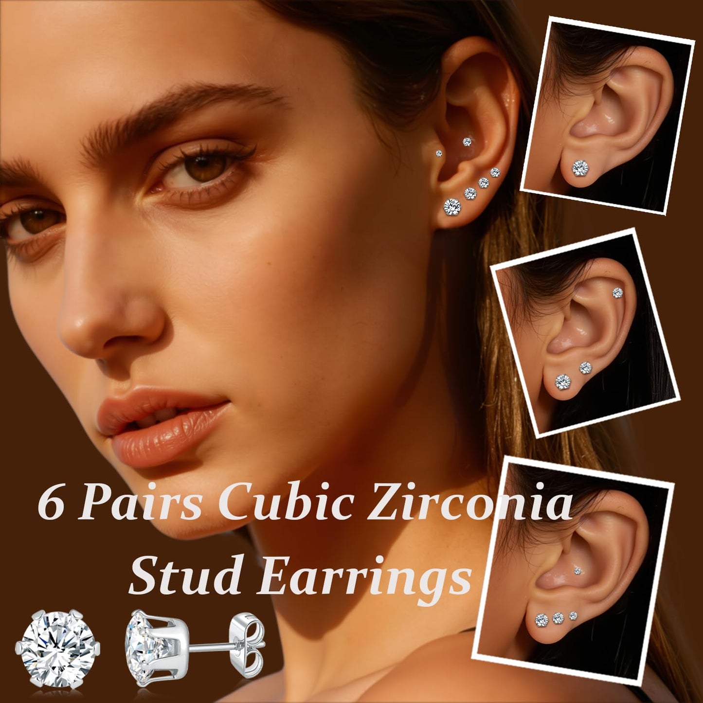 Gemsme 6 Pairs Cubic Zirconia Stud Earrings for Women/Men - 3-8mm Round Cut 6 Prong Settings 18K Gold Plated Hypoallergenic Earrings Set -White Gold