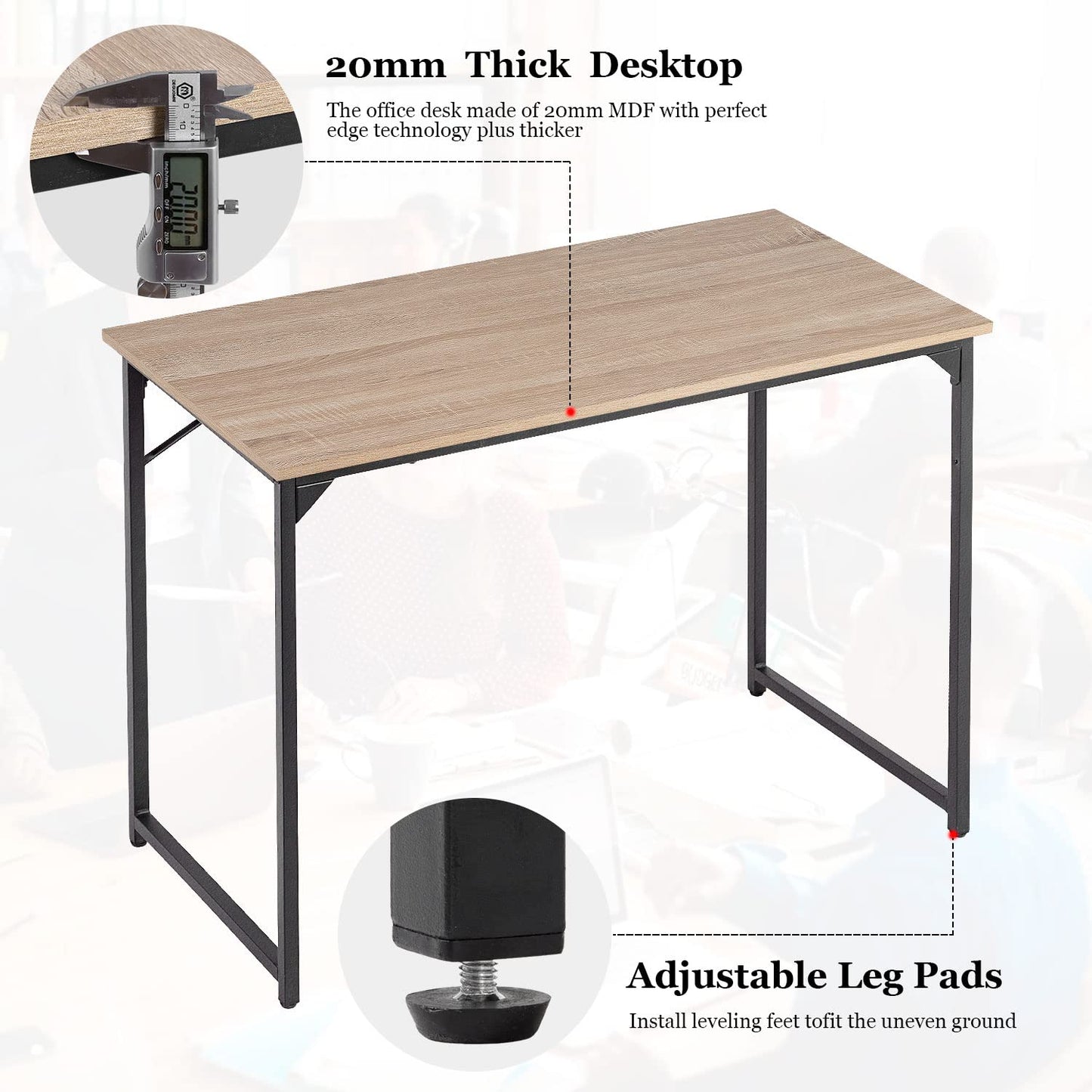 PayLessHere | 39 Inch Computer Desk | Nature | Office Desk with Metal Frame, Adjustable Feet | Water-Resistant, Scratchproof Surface | Sturdy Writing Table for Home Office or Study | Pack of 1