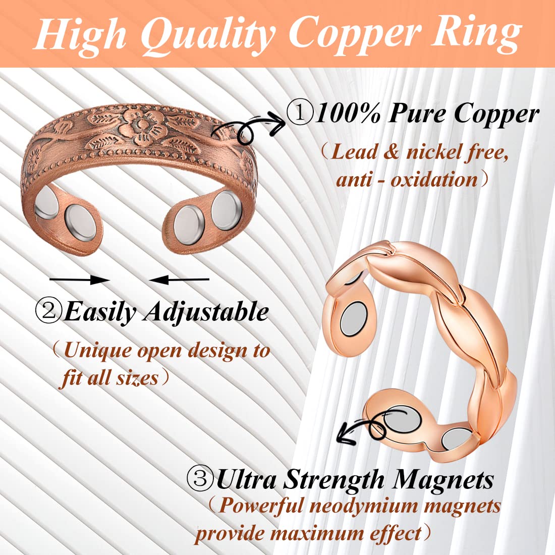 Cigmag 4PCS Copper Rings for Women Pure Copper Magnetic Ring Strong Magnet Adjustable Thumb Fingers Ring