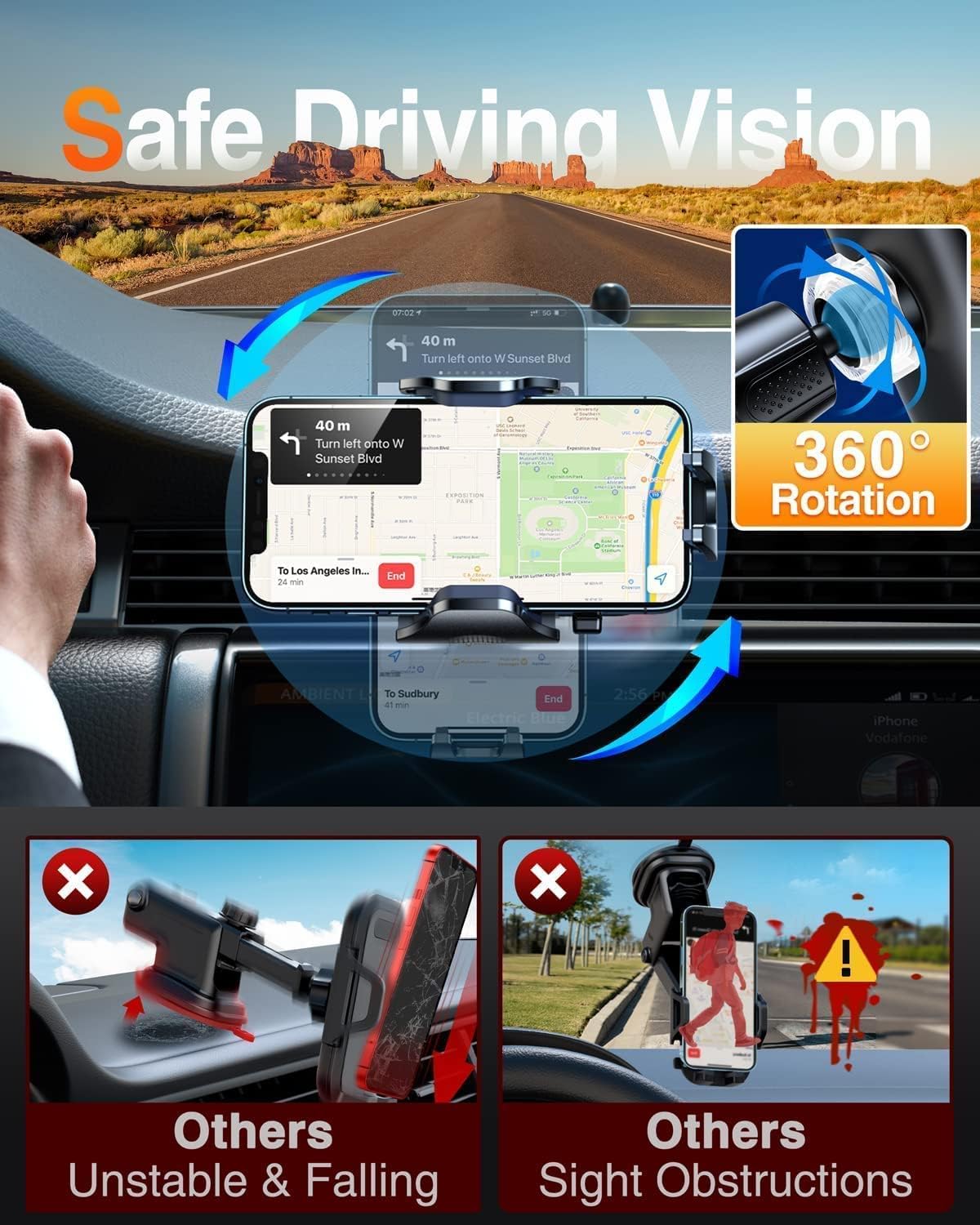 VANMASS Car Phone Holder Mount 2024 Upgraded [Patent Steel-Hook] Car Vent Phone Mount Clip Military-Grade Shockproof Cell Phone Car Mount Handsfree Truck Stand Vent Cradle for iPhone 15 Android,Grey