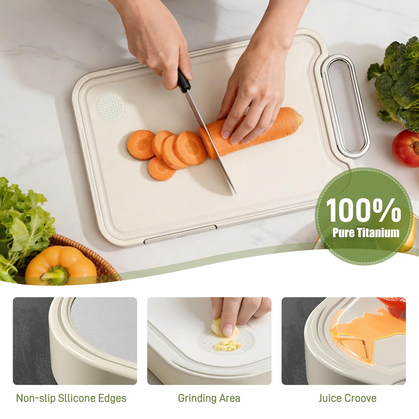 Titanium Cutting Board for Kitchen Double Sided Pure Titanium Chopping Board, 100% Pure Titanium & Wheat Straw PP Food Grade Metal Cutting Board, Non-Slip Durable Easy to Clean (Large)